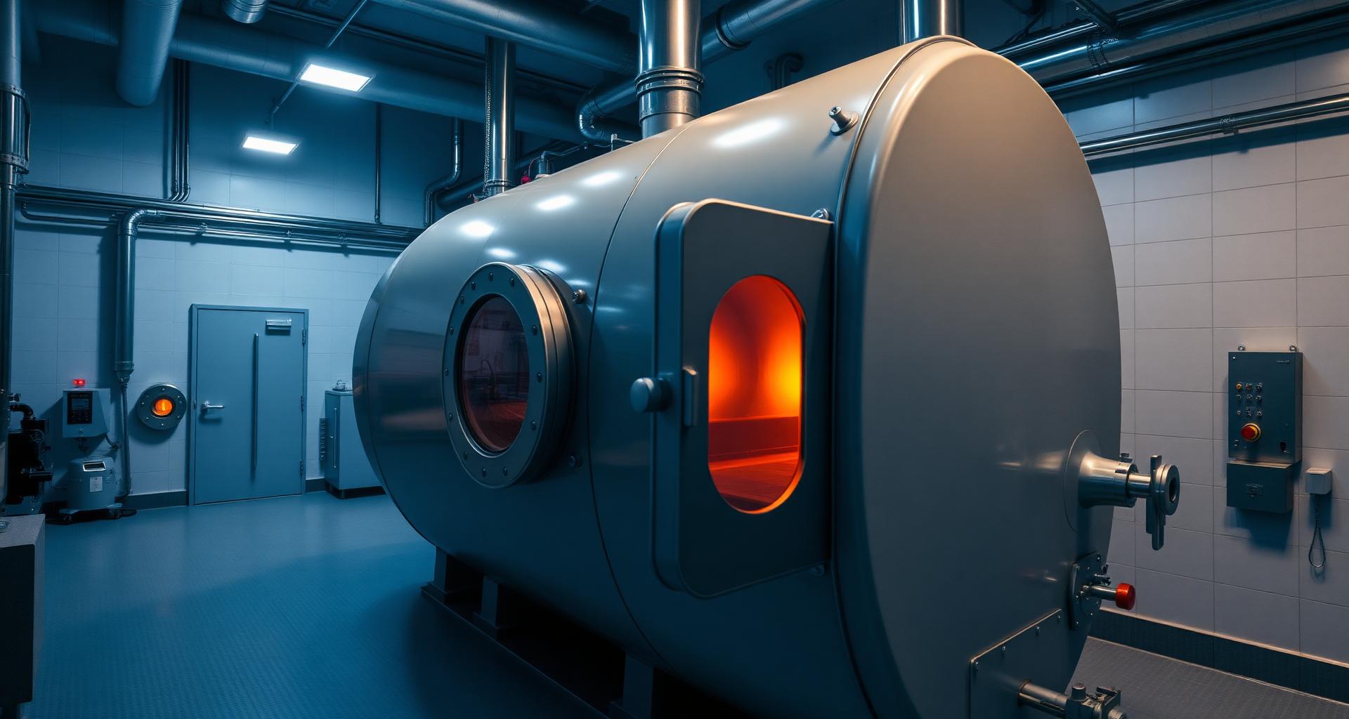 Kraft Heating boiler system, burner glowing orange in a mechanical room